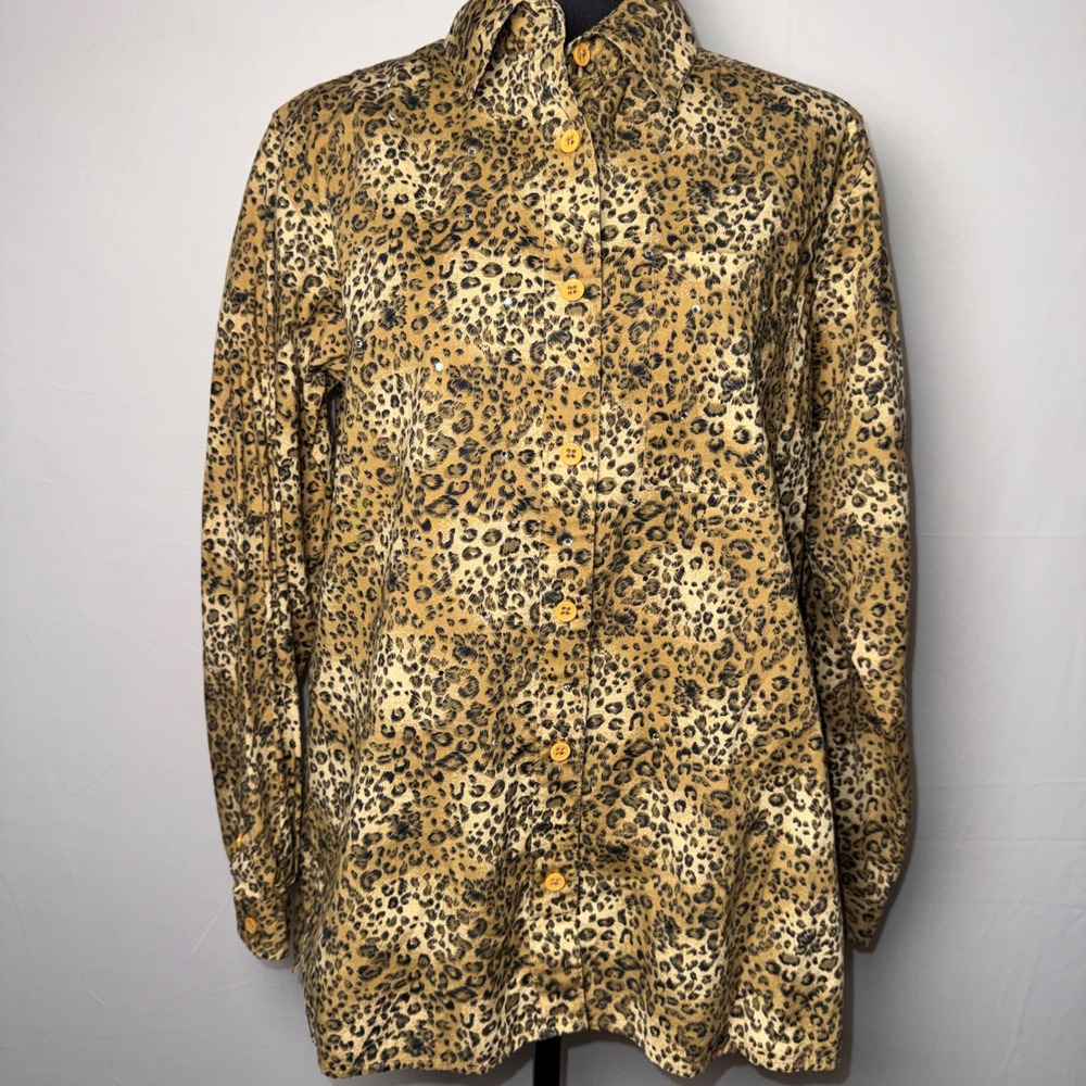 Quacker Factory Leopard Print Rhinestone Button Down Shirt Tan Black Small